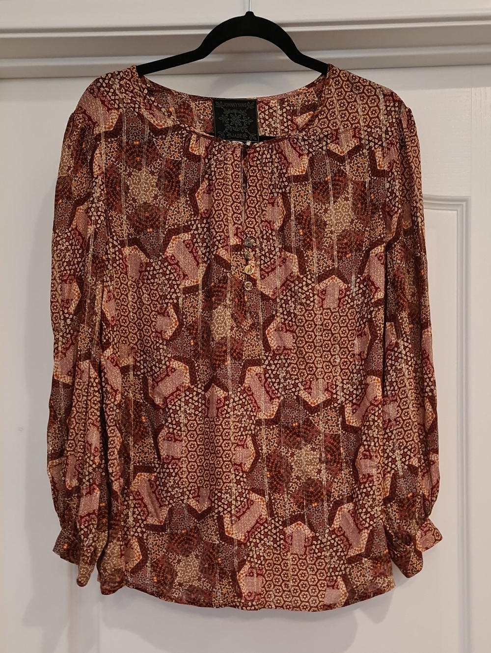 Johnny Was Jade - Rust and Pink Geo-Print Peasant Blouse